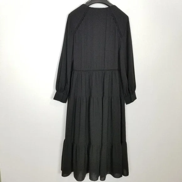 Zara Women Textured Midi Tiered Dress Sz L Black V Neck Boho Relaxed Vacation - Picture 5 of 9